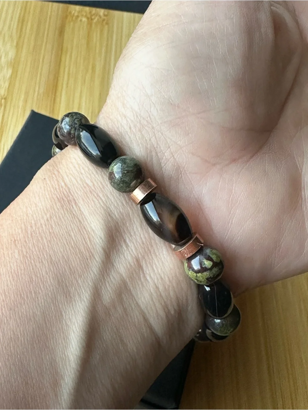Men’s Dragon Blood Jasper Black Onyx Solid Copper Bracelet 7.5”